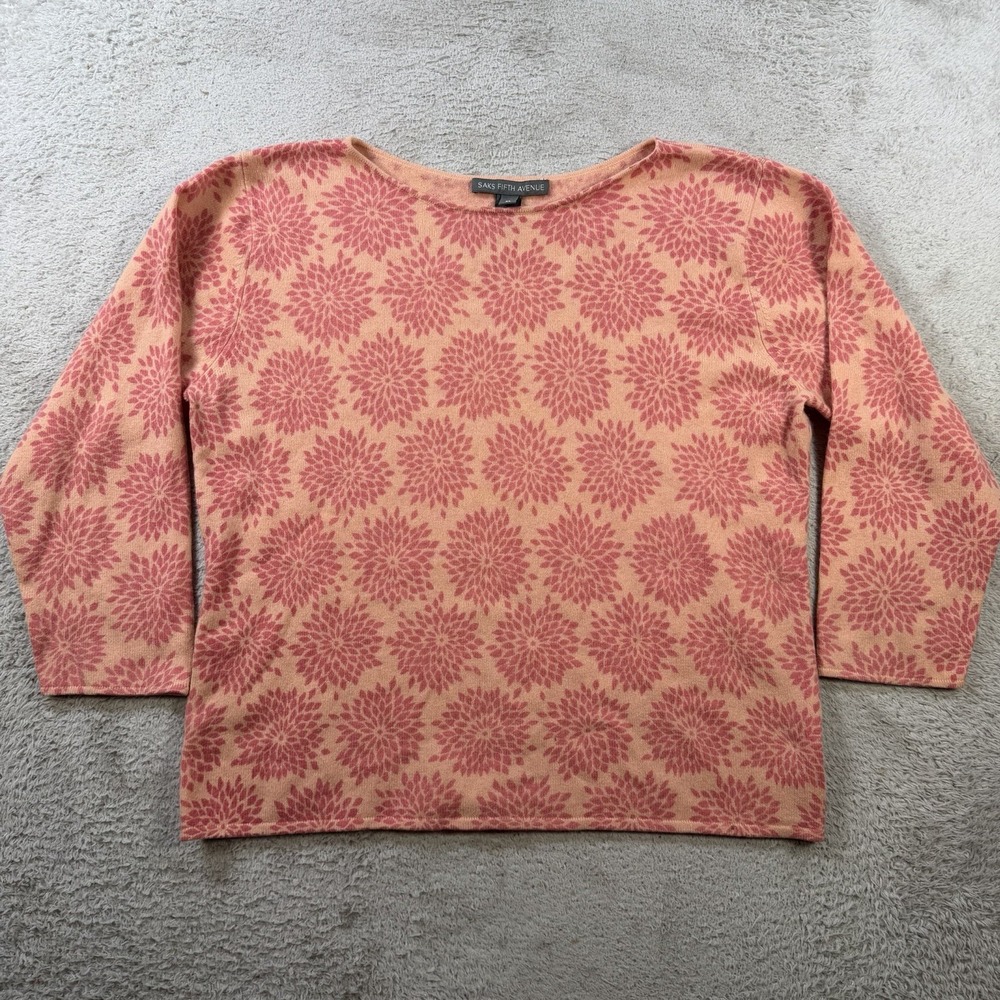 Saks Fifth Avenue Sweater Womens XL Orange Pink 100% Cashmere Pullover Floral
